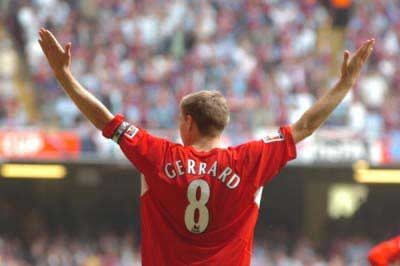 Steven Gerrard after scoring Liverpool's third, Cardiff, 2006 (Pic: David Rawcliffe / Propaganda Photo)