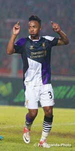 Sterling celebrates his goal against an Indonesia XI in pre-season. (Pic: David Rawcliffe)