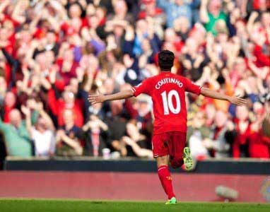 PHIL COUTINHO MADE UP  AFTER SCORING A GOAL Pic: David Rawcliffe-Propaganda.