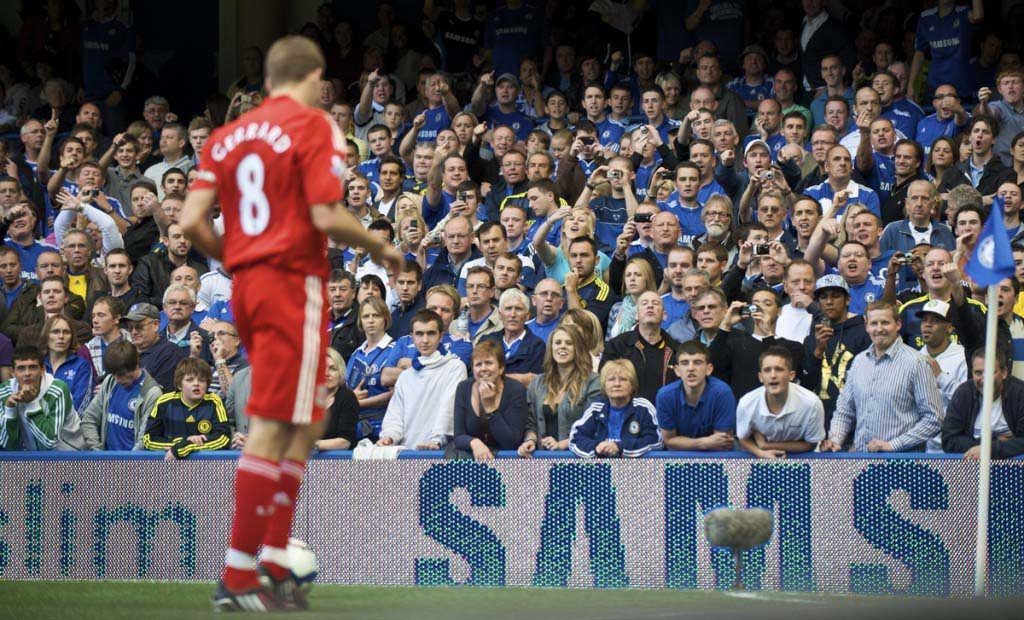 A BRIDGE TOO FAR: Steven Gerrard is abused by Chelsea fans. Pic: David Rawcliffe/Propaganda