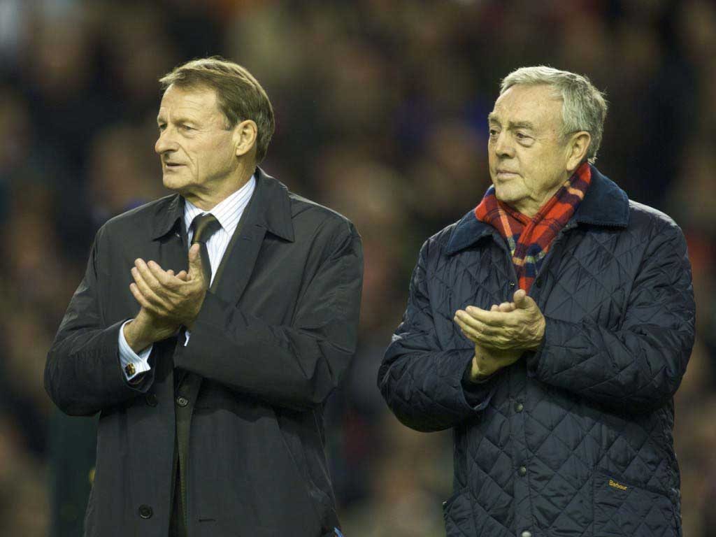 2009: Roger Hunt and Ian St John join the parade of Liverpool legends on the pitch at Anfield to commemorate 50 years since the appointment of Bill Shankly 