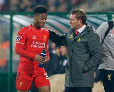 Liverpool's manager Brendan Rodgers substitutes Raheem Sterling during the UEFA Champions League Group B match against PFC Ludogorets Razgrad at the Vasil Levski National Stadium