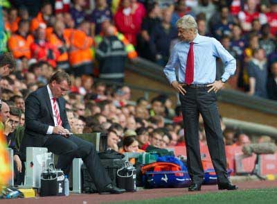Liverpool's manager Brendan Rodgers and Arsenal's manager Arsene Wenger during the Premiership match at Anfield
