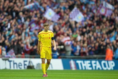 Liverpool's captain Steven Gerrard looks dejected as his side lose 2-1 to Aston Villa during the FA Cup Semi-Final match at Wembley Stadium