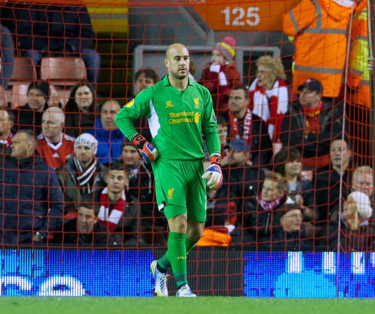 LIVERPOOL, ENGLAND - Thursday, November 22, 2012: Liverpool's goalkeeper Jose Reina looks dejected as BSC Young Boys score the first goal during the UEFA Europa League Group A match at Anfield. (Pic by David Rawcliffe/Propaganda)