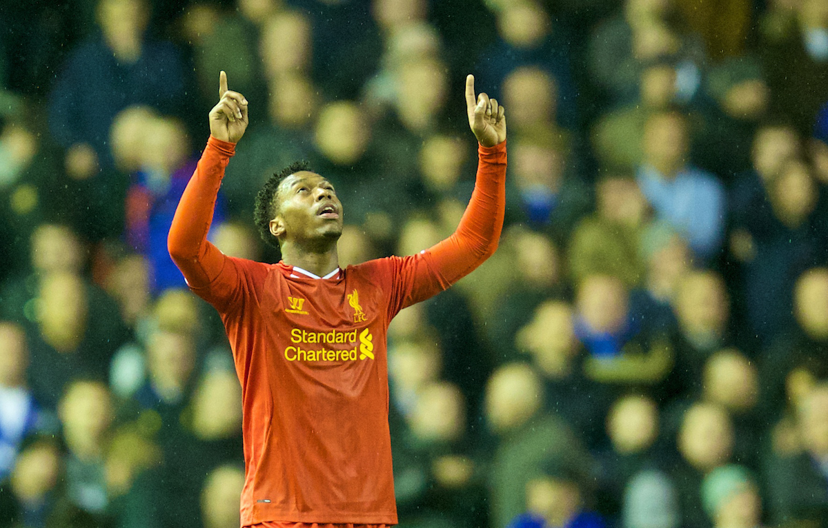 LIVERPOOL, ENGLAND - Tuesday, January 28, 2014: Liverpool's Daniel Sturridge celebrates scoring the second goal against Everton during the 222nd Merseyside Derby Premiership match at Anfield. (Pic by David Rawcliffe/Propaganda)