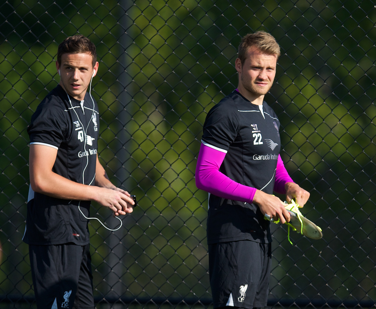 PRINCETON, USA - Monday, July 28, 2014: Liverpool's goalkeepers Danny Ward and Simon Mignolet before training at the Roberts Stadium in Princeton on day eight of the club's USA Tour. (Pic by David Rawcliffe/Propaganda)