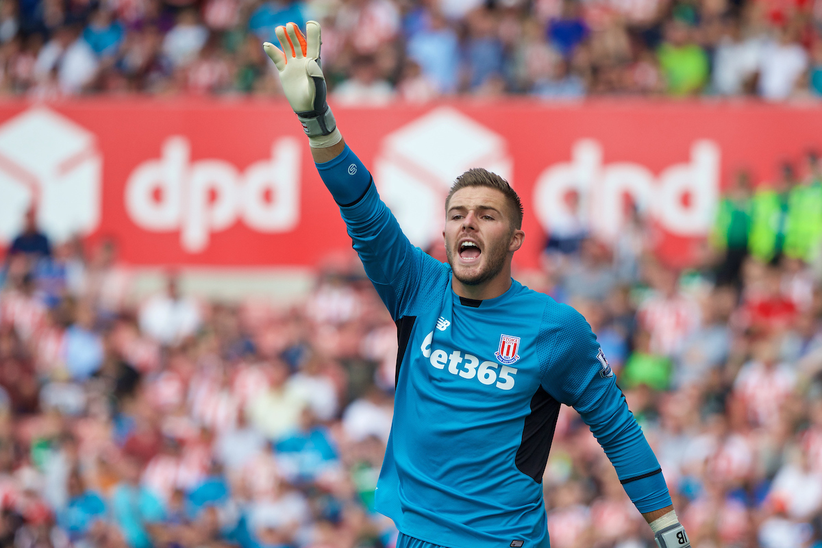 STOKE-ON-TRENT, ENGLAND - Sunday, August 9, 2015: Stoke City's goalkeeper Jack Butland in action against Liverpool during the Premier League match at the Britannia Stadium. (Pic by David Rawcliffe/Propaganda)