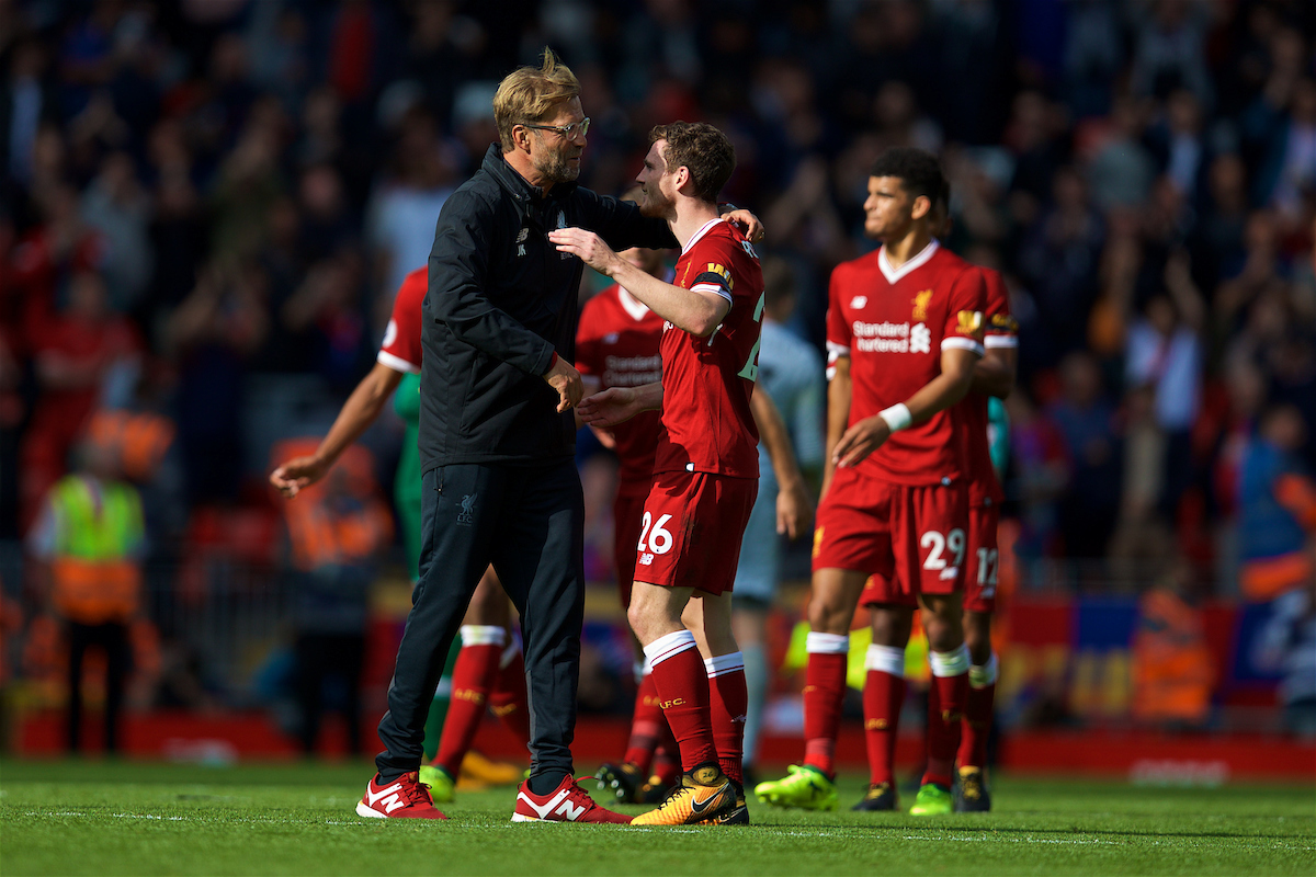 LIVERPOOL, ENGLAND - Saturday, August 19, 2017: Liverpool's manager Jürgen Klopp celebrates the 1-0 victory with Andy Robertson during the FA Premier League match between Liverpool and Crystal Palace at Anfield. (Pic by David Rawcliffe/Propaganda)