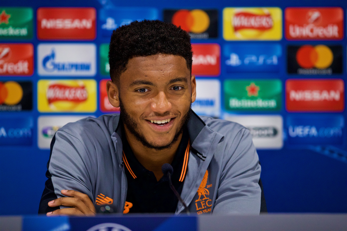 LIVERPOOL, ENGLAND - Tuesday, September 12, 2017: Liverpool's Joe Gomez during a press conference at Anfield ahead of the UEFA Champions League Group E match against Sevilla FC. (Pic by David Rawcliffe/Propaganda)