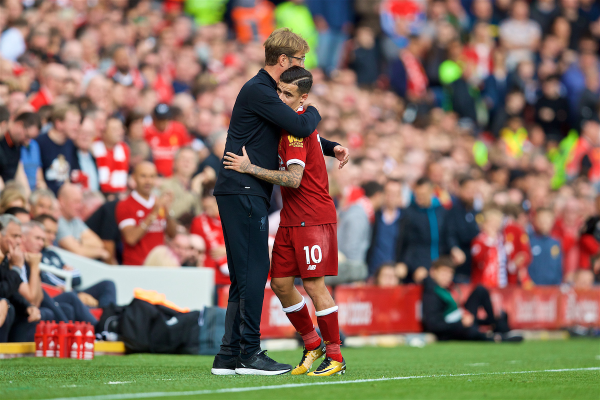 LIVERPOOL, ENGLAND - Saturday, October 14, 2017: Liverpool's Philippe Coutinho Correia is embraced by manager Jürgen Klopp during the FA Premier League match between Liverpool and Manchester United at Anfield. (Pic by David Rawcliffe/Propaganda)