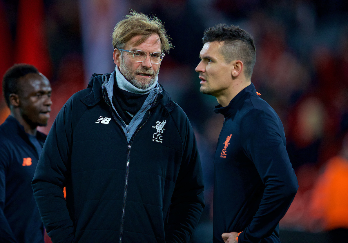 LIVERPOOL, ENGLAND - Wednesday, December 6, 2017: Liverpool's manager Jürgen Klopp and Dejan Lovren before the UEFA Champions League Group E match between Liverpool FC and FC Spartak Moscow at Anfield. (Pic by David Rawcliffe/Propaganda)