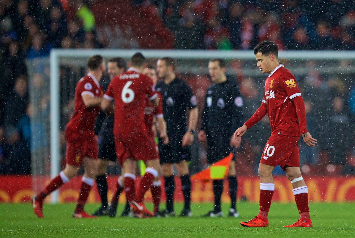 LIVERPOOL, ENGLAND - Sunday, December 10, 2017: Liverpool's Philippe Coutinho Correia walks off dejected as the game finishes 1-1 during the FA Premier League match between Liverpool and Everton, the 229th Merseyside Derby, at Anfield. (Pic by David Rawcliffe/Propaganda)