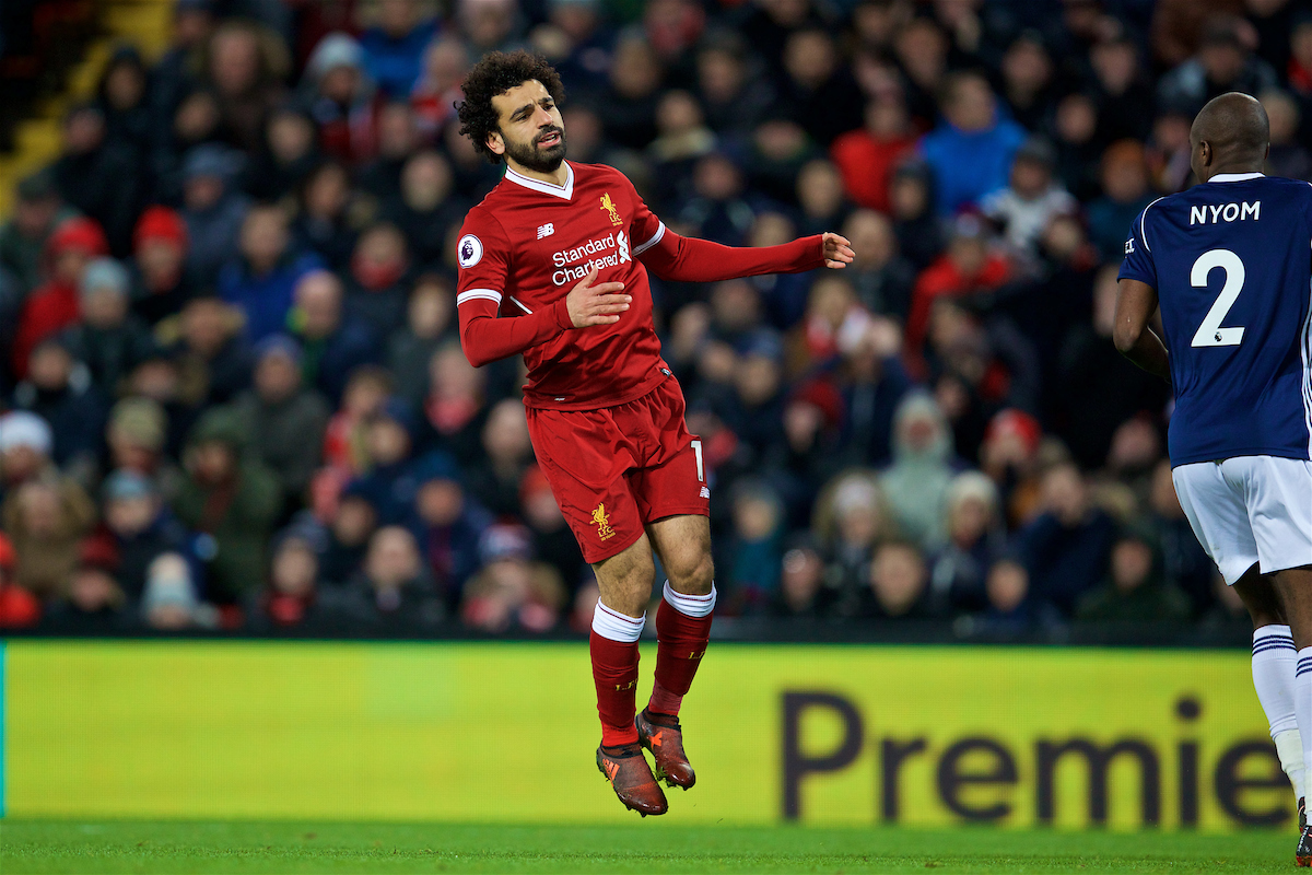 LIVERPOOL, ENGLAND - Wednesday, December 13, 2017: Liverpool's Mohamed Salah looks dejected after missing a chance during the FA Premier League match between Liverpool and West Bromwich Albion at Anfield. (Pic by David Rawcliffe/Propaganda)