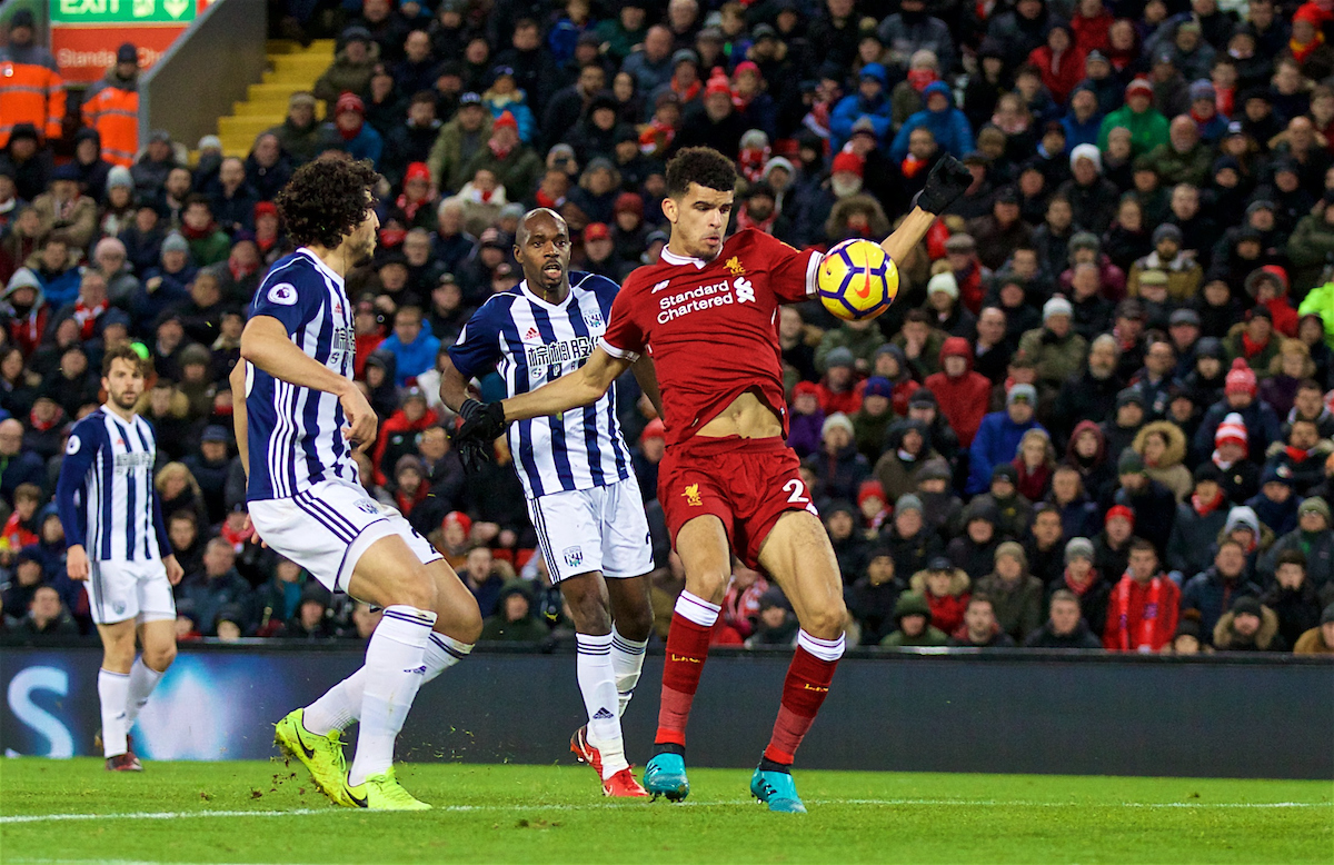 LIVERPOOL, ENGLAND - Wednesday, December 13, 2017: Liverpool's Dominic Solanke 'scores' but sees his goal ruled out for hand-ball during the FA Premier League match between Liverpool and West Bromwich Albion at Anfield. (Pic by David Rawcliffe/Propaganda)