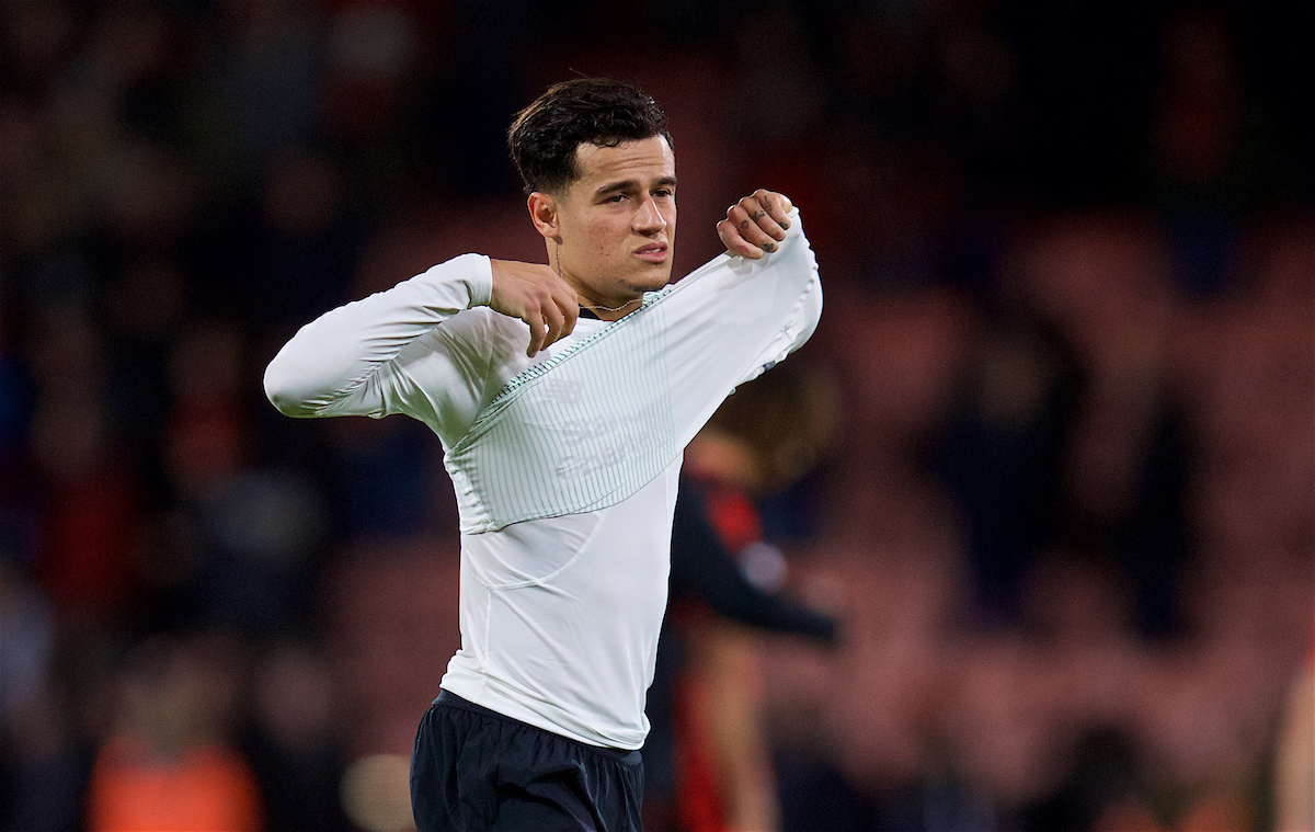 BOURNEMOUTH, ENGLAND - Sunday, December 17, 2017: Liverpool's Philippe Coutinho Correia takes off his shirt to give to a supporter after the FA Premier League match between AFC Bournemouth and Liverpool at the Vitality Stadium. (Pic by David Rawcliffe/Propaganda)