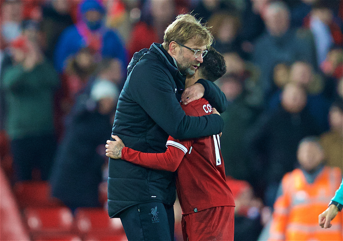 LIVERPOOL, ENGLAND - Boxing Day, Tuesday, December 26, 2017: Liverpool's manager Jürgen Klopp embraces Philippe Coutinho Correia after the 5-0 victory during the FA Premier League match between Liverpool and Swansea City at Anfield. (Pic by David Rawcliffe/Propaganda)