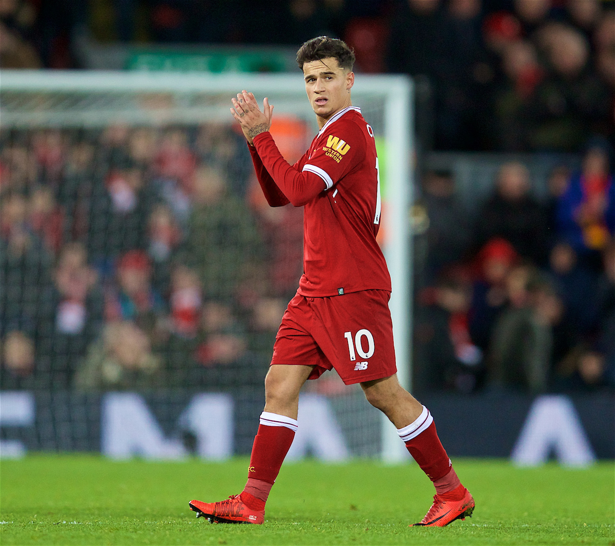 LIVERPOOL, ENGLAND - Saturday, December 30, 2017: Liverpool's Philippe Coutinho Correia applauds the supporters as he is substituted during the FA Premier League match between Liverpool and Leicester City at Anfield. (Pic by David Rawcliffe/Propaganda)