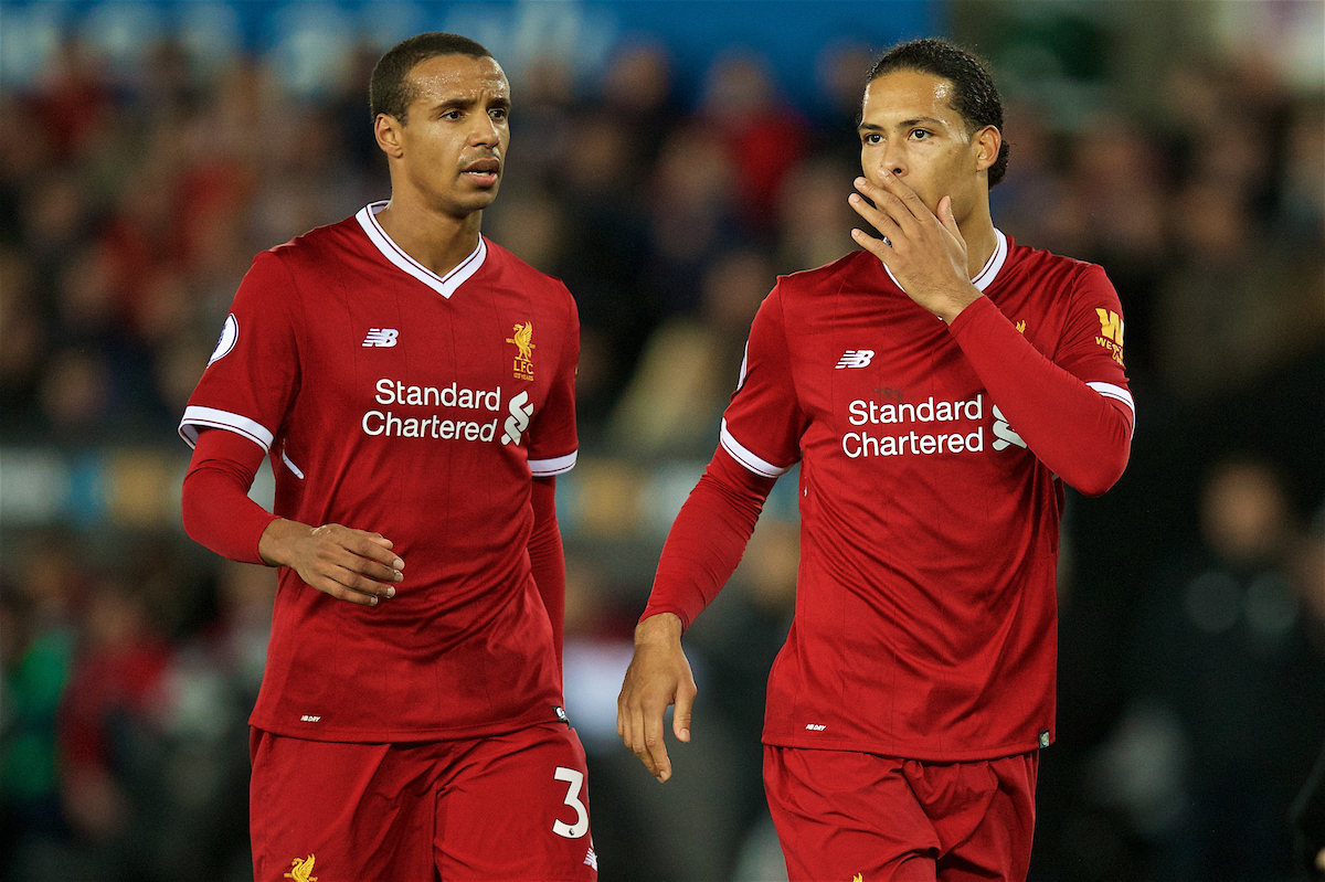 SWANSEA, WALES - Monday, January 22, 2018: Liverpool's Joel Matip and Virgil van Dijk during the FA Premier League match between Swansea City FC and Liverpool FC at the Liberty Stadium. (Pic by David Rawcliffe/Propaganda)