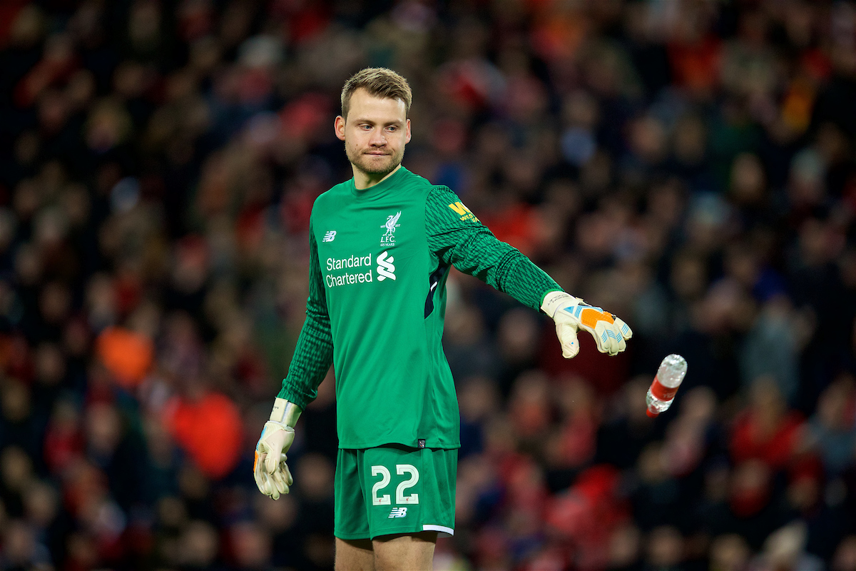 LIVERPOOL, ENGLAND - Sunday, January 14, 2018: Liverpool's goalkeeper Simon Mignolet during the FA Premier League match between Liverpool and Manchester City at Anfield. (Pic by David Rawcliffe/Propaganda)