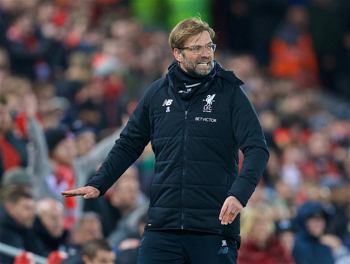 LIVERPOOL, ENGLAND - Sunday, January 14, 2018: Liverpool's manager Jürgen Klopp reacts during the FA Premier League match between Liverpool and Manchester City at Anfield. (Pic by David Rawcliffe/Propaganda)