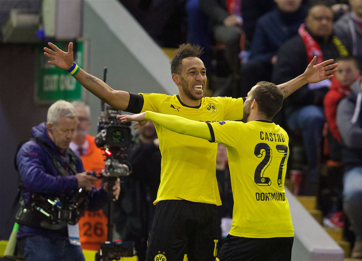 LIVERPOOL, ENGLAND - Thursday, April 14, 2016: Borussia Dortmund's Pierre-Emerick Aubameyang celebrates scoring the second goal against Liverpool during the UEFA Europa League Quarter-Final 2nd Leg match at Anfield. (Pic by David Rawcliffe/Propaganda)