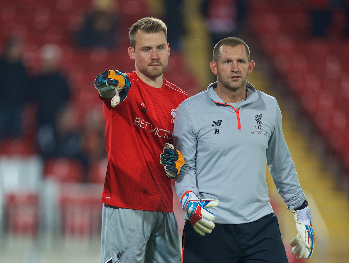 LIVERPOOL, ENGLAND - Tuesday, October 25, 2016: Liverpool's goalkeeper Simon Mignolet warms up with goalkeeping coach John Achterberg before the Football League Cup 4th Round match against Tottenham Hotspur at Anfield. (Pic by David Rawcliffe/Propaganda)