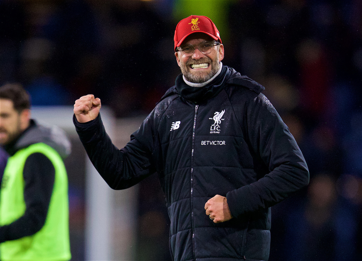 LIVERPOOL, ENGLAND - Saturday, December 30, 2017: Liverpool's manager Jürgen Klopp celebrates his side's late 2-1 victory over Burnley during the FA Premier League match between Liverpool and Leicester City at Anfield. (Pic by David Rawcliffe/Propaganda)