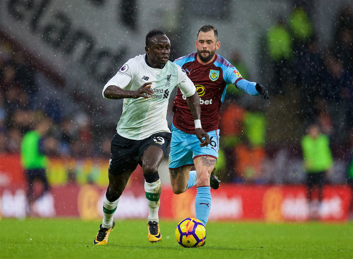 LIVERPOOL, ENGLAND - Saturday, December 30, 2017: Liverpool's Sadio Mane and Burnley's Steven Defour during the FA Premier League match between Liverpool and Leicester City at Anfield. (Pic by David Rawcliffe/Propaganda)