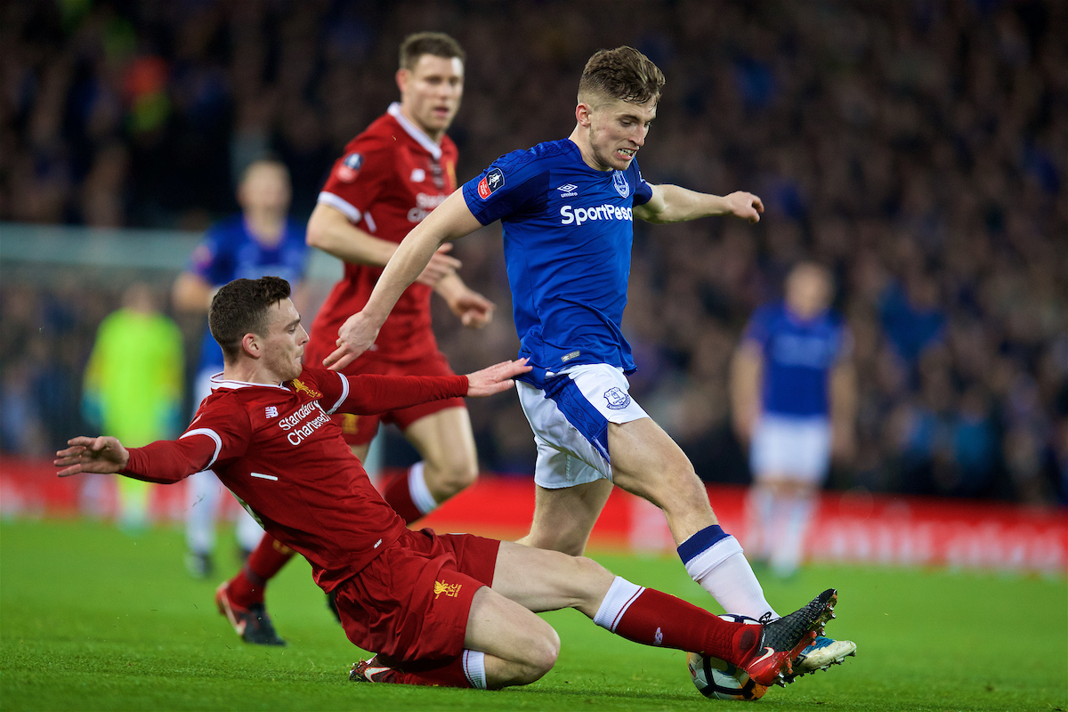 LIVERPOOL, ENGLAND - Friday, January 5, 2018: Liverpool's Andy Robertson and Everton's Jonjoe Kenny during the FA Cup 3rd Round match between Liverpool FC and Everton FC, the 230th Merseyside Derby, at Anfield. (Pic by David Rawcliffe/Propaganda)