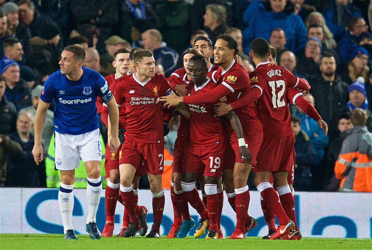 LIVERPOOL, ENGLAND - Friday, January 5, 2018: Liverpool's James Milner [#7] celebrates scoring the opening goal with team-mates during the FA Cup 3rd Round match between Liverpool FC and Everton FC, the 230th Merseyside Derby, at Anfield. (Pic by David Rawcliffe/Propaganda)