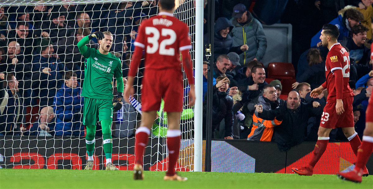 LIVERPOOL, ENGLAND - Friday, January 5, 2018: Liverpool's goalkeeper Loris Karius looks dejected as Everton score an equalising goal during the FA Cup 3rd Round match between Liverpool FC and Everton FC, the 230th Merseyside Derby, at Anfield. (Pic by David Rawcliffe/Propaganda)