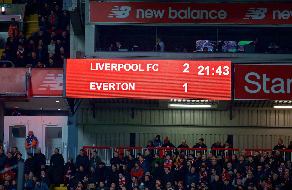 LIVERPOOL, ENGLAND - Friday, January 5, 2018: Liverpool's scoreboard records the 2-1 victory over Everton during the FA Cup 3rd Round match between Liverpool FC and Everton FC, the 230th Merseyside Derby, at Anfield. (Pic by David Rawcliffe/Propaganda)
