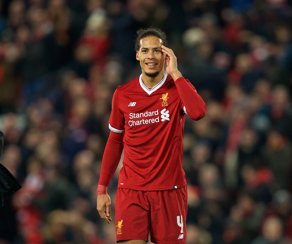 LIVERPOOL, ENGLAND - Friday, January 5, 2018: Liverpool's match winning goal-scorer Virgil van Dijk celebrates after the 2-1 victory over Everton during the FA Cup 3rd Round match between Liverpool FC and Everton FC, the 230th Merseyside Derby, at Anfield. (Pic by David Rawcliffe/Propaganda)