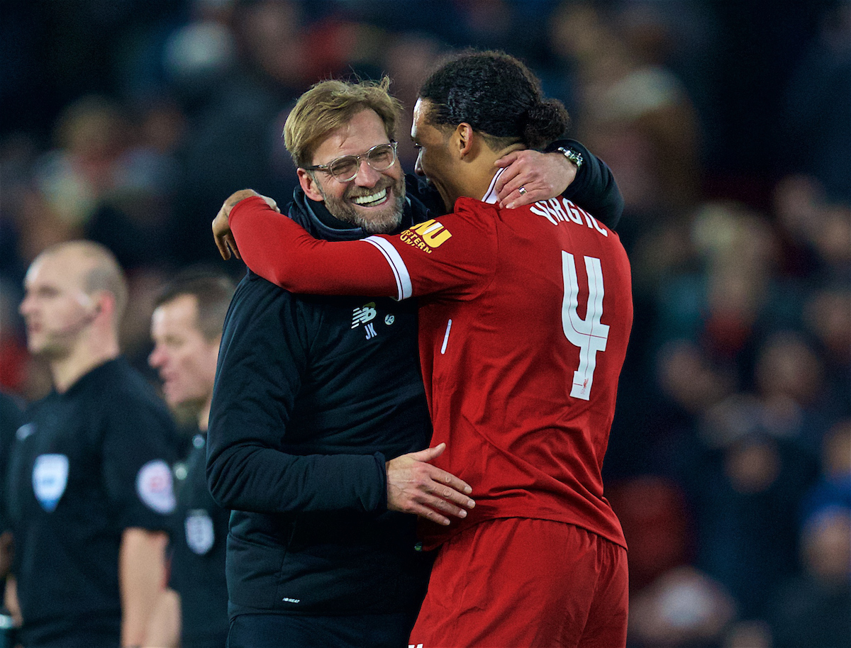LIVERPOOL, ENGLAND - Friday, January 5, 2018: Liverpool's match winning goal-scorer Virgil van Dijk celebrates with manager Jürgen Klopp after the 2-1 victory over Everton during the FA Cup 3rd Round match between Liverpool FC and Everton FC, the 230th Merseyside Derby, at Anfield. (Pic by David Rawcliffe/Propaganda)