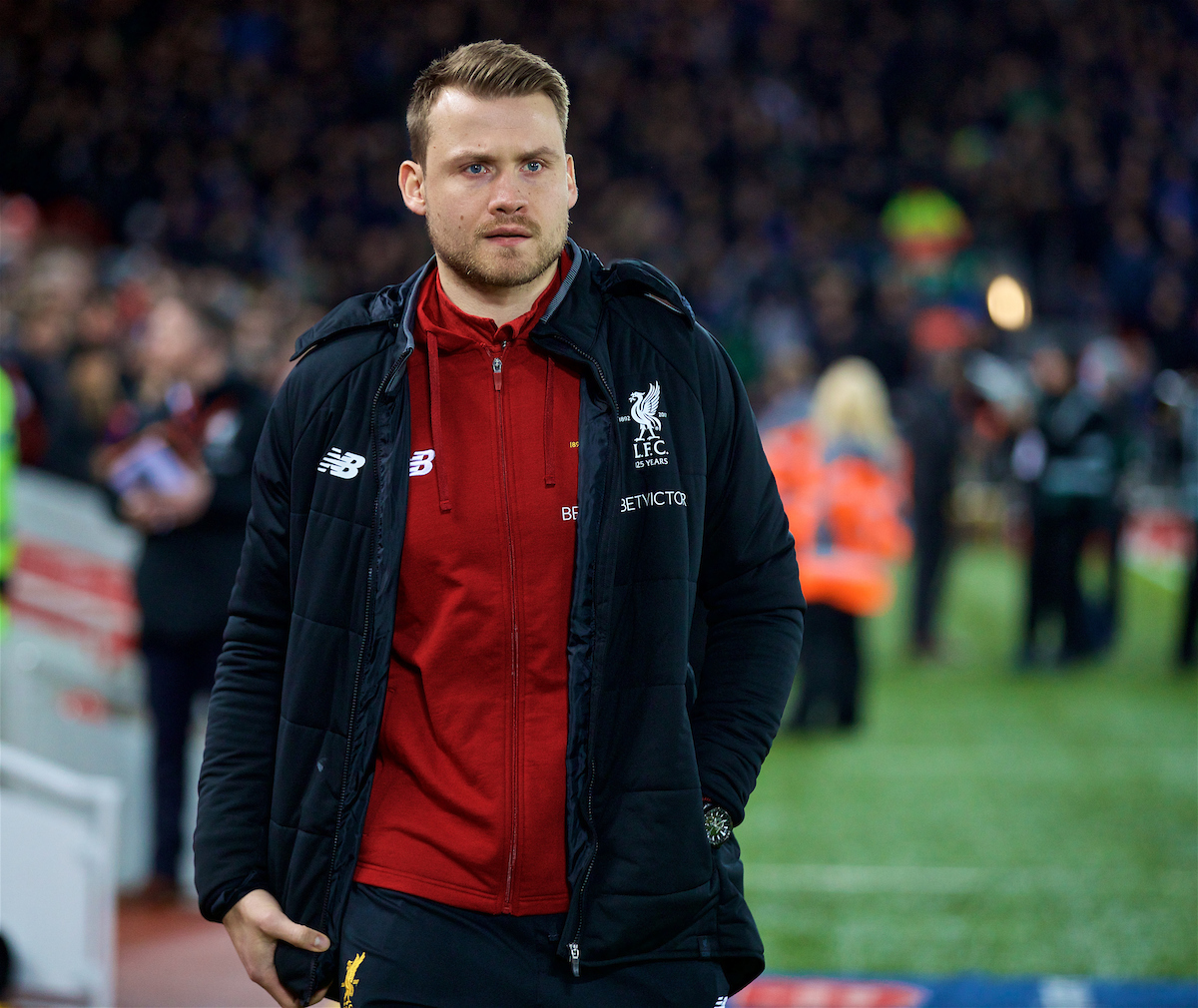 LIVERPOOL, ENGLAND - Friday, January 5, 2018: Liverpool's unused goalkeeper Simon Mignolet before the FA Cup 3rd Round match between Liverpool FC and Everton FC, the 230th Merseyside Derby, at Anfield. (Pic by David Rawcliffe/Propaganda)