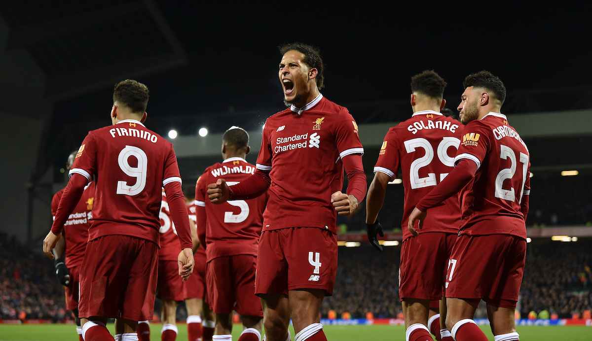 LIVERPOOL, ENGLAND - Friday, January 5, 2018: Liverpool's Virgil van Dijk celebrates scoring the winning goal at the Kop end to seal a 2-1 victory over Everton on his debut during the FA Cup 3rd Round match between Liverpool FC and Everton FC, the 230th Merseyside Derby, at Anfield. (Pic by David Rawcliffe/Propaganda)