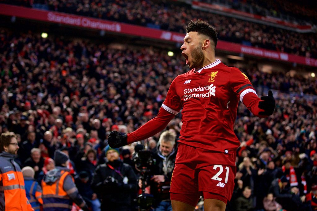 LIVERPOOL, ENGLAND - Sunday, January 14, 2018: Liverpool's Alex Oxlade-Chamberlain celebrates scoring the first goal during the FA Premier League match between Liverpool and Manchester City at Anfield. (Pic by David Rawcliffe/Propaganda)