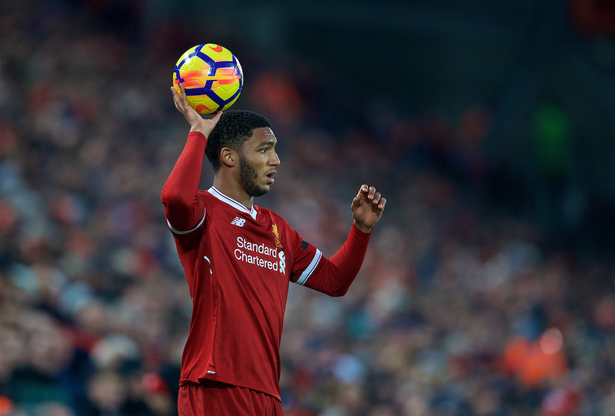 LIVERPOOL, ENGLAND - Sunday, January 14, 2018: Liverpool's Joe Gomez prepares to take a throw-in during the FA Premier League match between Liverpool and Manchester City at Anfield. (Pic by David Rawcliffe/Propaganda)