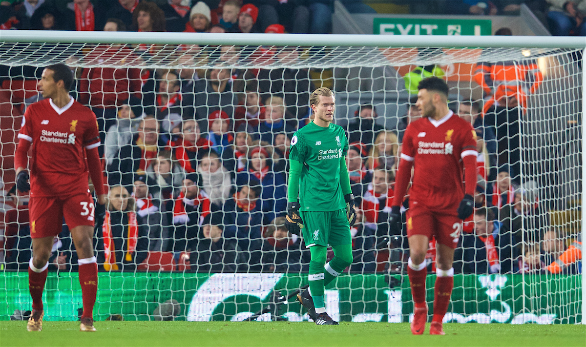 LIVERPOOL, ENGLAND - Sunday, January 14, 2018: Liverpool's goalkeeper Loris Karius looks dejected as Manchester City score the first equalising goal during the FA Premier League match between Liverpool and Manchester City at Anfield. (Pic by David Rawcliffe/Propaganda)