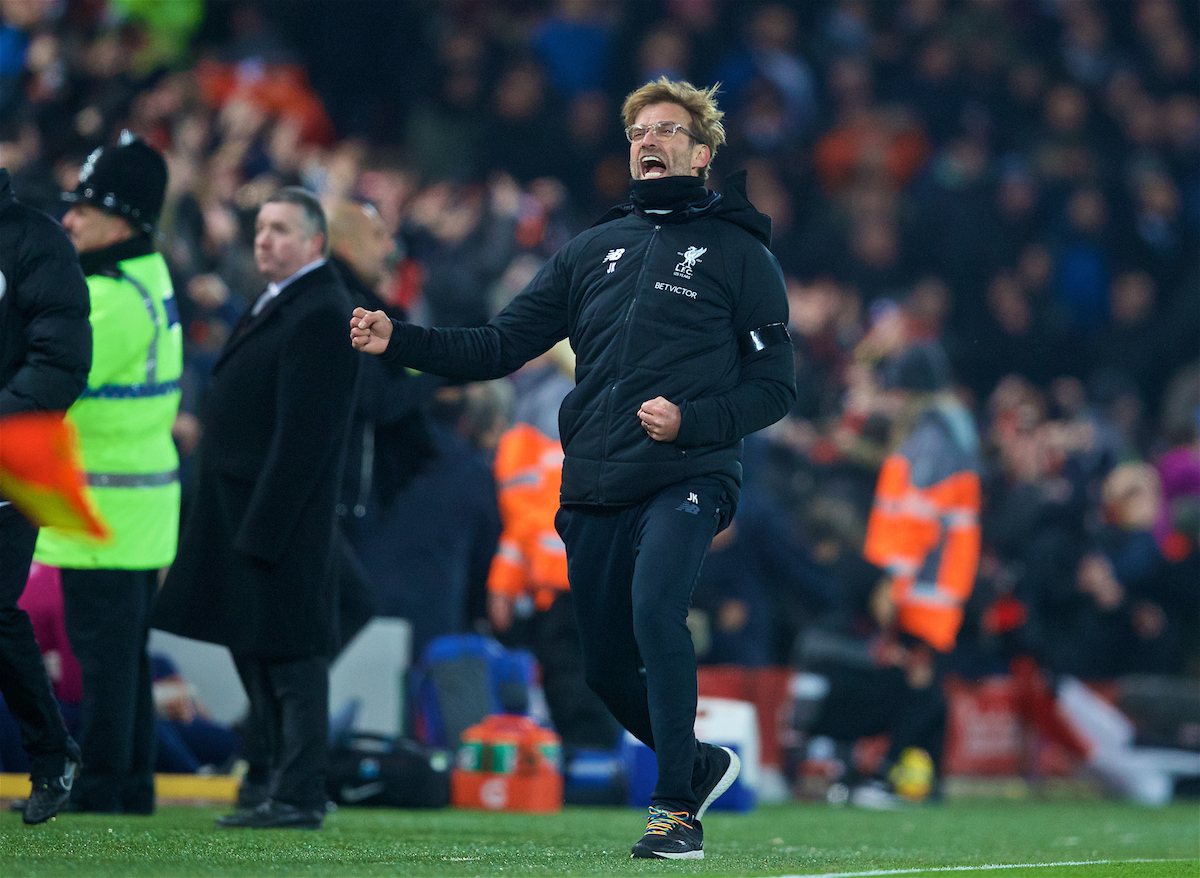 LIVERPOOL, ENGLAND - Sunday, January 14, 2018: Liverpool's manager Jürgen Klopp celebrates his side's third goal during the FA Premier League match between Liverpool and Manchester City at Anfield. (Pic by David Rawcliffe/Propaganda)