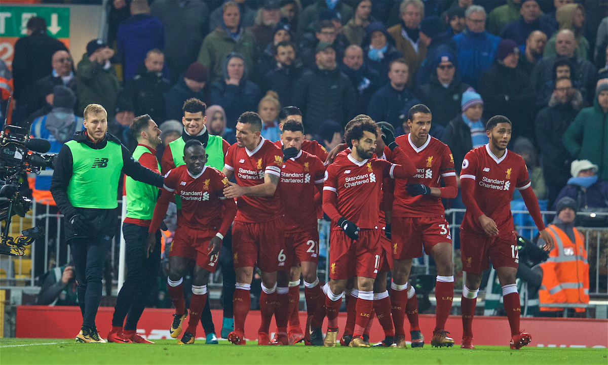 LIVERPOOL, ENGLAND - Sunday, January 14, 2018: Liverpool's Sadio Mane celebrates scoring the third goal during the FA Premier League match between Liverpool and Manchester City at Anfield. (Pic by David Rawcliffe/Propaganda)