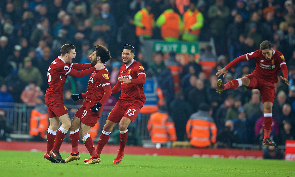 LIVERPOOL, ENGLAND - Sunday, January 14, 2018: Liverpool's Mohamed Salah celebrates scoring the fourth goal during the FA Premier League match between Liverpool and Manchester City at Anfield. (Pic by David Rawcliffe/Propaganda)