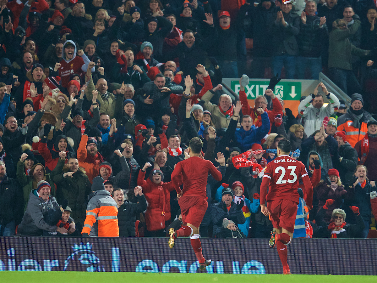 LIVERPOOL, ENGLAND - Sunday, January 14, 2018: Liverpool's Roberto Firmino celebrates scoring the second goal during the FA Premier League match between Liverpool and Manchester City at Anfield. (Pic by David Rawcliffe/Propaganda)