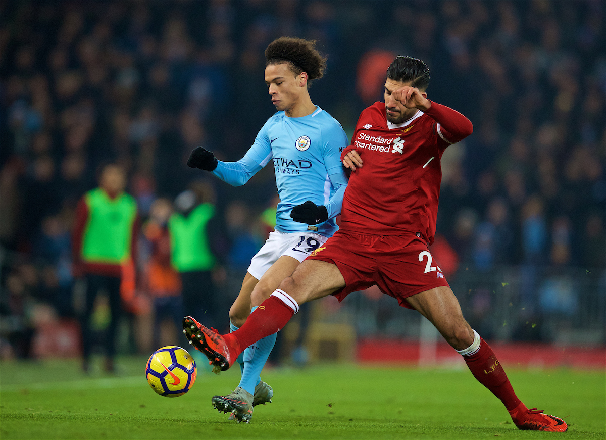 LIVERPOOL, ENGLAND - Sunday, January 14, 2018: Liverpool's Emre Can and Manchester City's Leroy Sane during the FA Premier League match between Liverpool and Manchester City at Anfield. (Pic by David Rawcliffe/Propaganda)