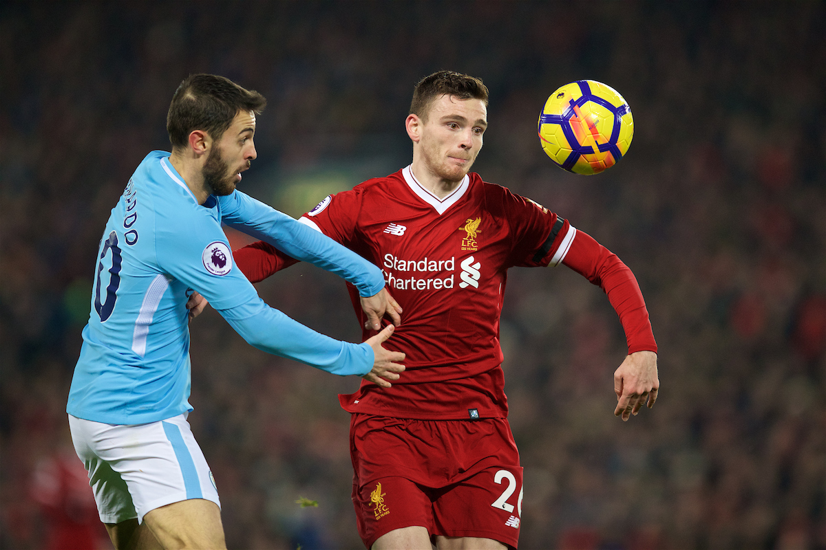 LIVERPOOL, ENGLAND - Sunday, January 14, 2018: Liverpool's Andy Robertson and Manchester City's Bernardo Silva during the FA Premier League match between Liverpool and Manchester City at Anfield. (Pic by David Rawcliffe/Propaganda)