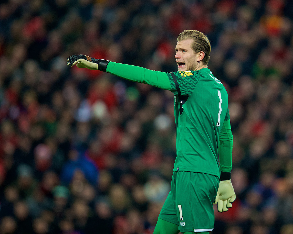 LIVERPOOL, ENGLAND - Sunday, January 14, 2018: Liverpool's goalkeeper Loris Karius during the FA Premier League match between Liverpool and Manchester City at Anfield. (Pic by David Rawcliffe/Propaganda)