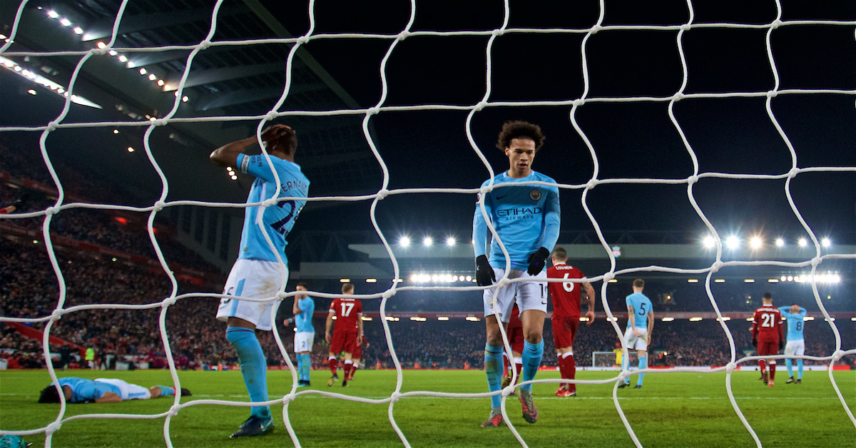 LIVERPOOL, ENGLAND - Sunday, January 14, 2018: Manchester City's Sergio Aguero, Fernando Luiz Roza 'Fernandinho' and Leroy Sane looks dejected after a late chance during the FA Premier League match between Liverpool and Manchester City at Anfield. (Pic by David Rawcliffe/Propaganda)