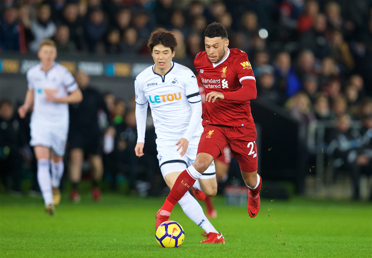SWANSEA, WALES - Monday, January 22, 2018: Liverpool's Alex Oxlade-Chamberlain during the FA Premier League match between Swansea City FC and Liverpool FC at the Liberty Stadium. (Pic by David Rawcliffe/Propaganda)