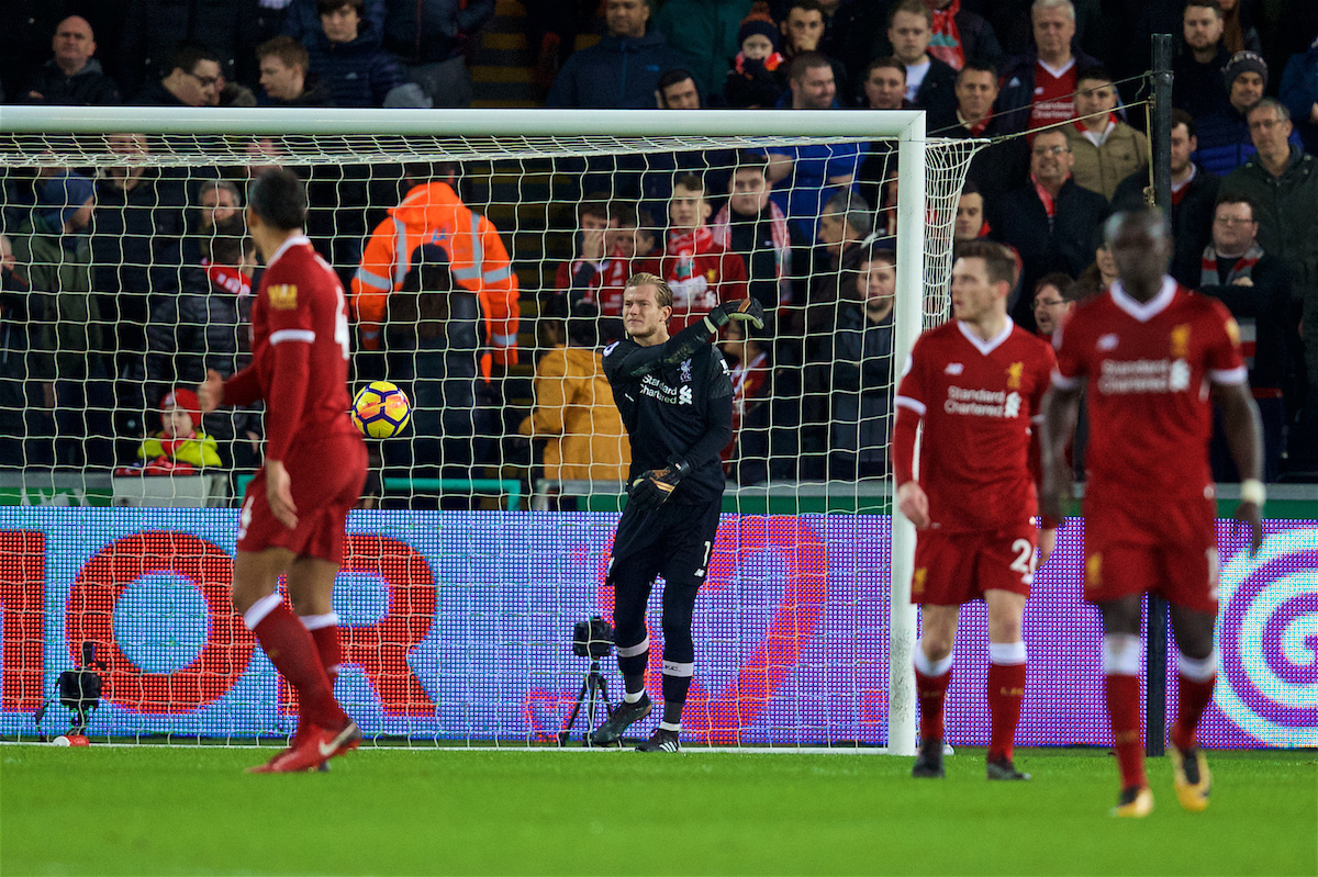 SWANSEA, WALES - Monday, January 22, 2018: Liverpool's goalkeeper Loris Karius looks dejected as Swansea City score the opening goal during the FA Premier League match between Swansea City FC and Liverpool FC at the Liberty Stadium. (Pic by David Rawcliffe/Propaganda)